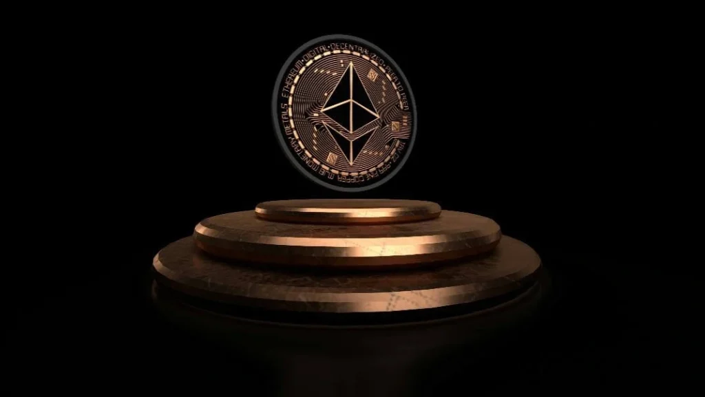 Golden Ethereum coin displayed on a podium